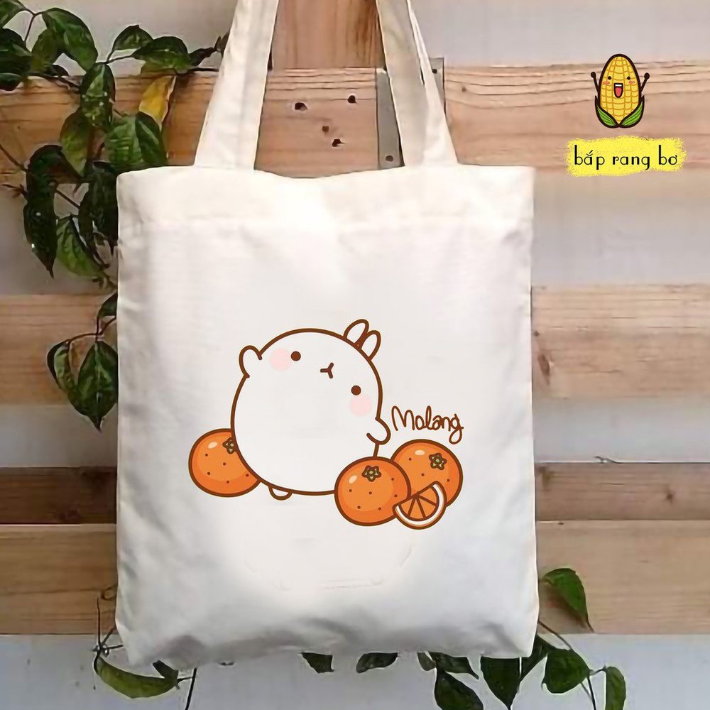 Molang Kawaii Rabbit Oranges Canvas White Tote Bag